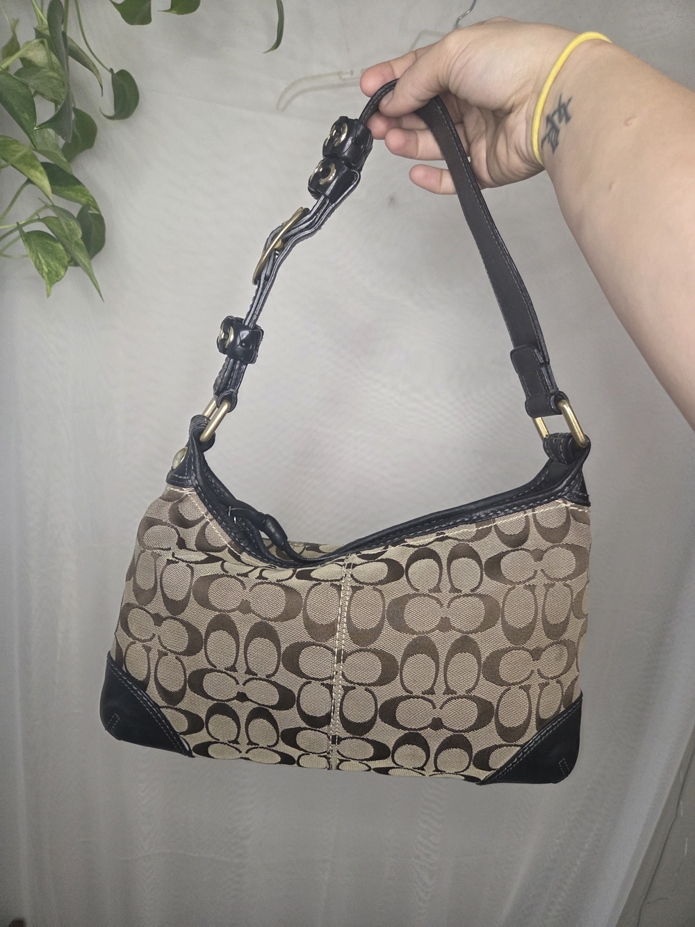 Coach Beige Signature Canvas Shoulder Bag with Dark Brown Trim
